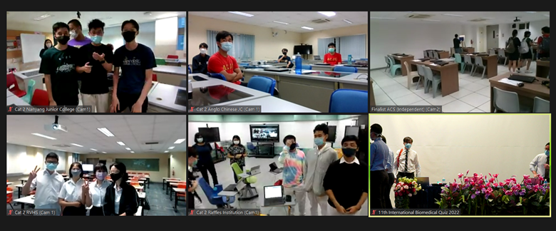 Six video call panels showing masked students in classrooms, labeled as participants in the 11th International Biomedical Quiz 2022.